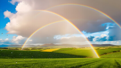 Naklejka premium rainbow over green field