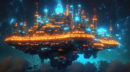 Fototapeta premium A futuristic illuminated city floats gracefully above the clouds