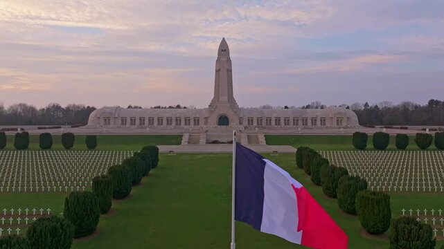 Aerial view of French military graves at Douaumont Ossuary Verdun. Aerial drone video