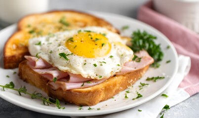 A very detailed Croc Madame with all the ingredients visible in layers on a table in bright sunlight. Generative AI