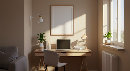 Fototapeta premium Warm Sunlight on Home Workspace: Minimalist 3D Render AI Generated