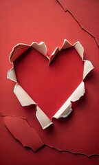 A torn paper hole with rough edges on a red background, shaped like a heart, symbolizing love and appreciation. (Thank You)