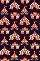 Fototapeta premium Vector seamless pattern with retro circus vintage tents on dark background. Texture with colorful carnival marquees