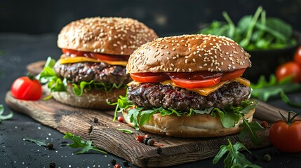 Two delicious burgers with meat, cheese and vegetables on a wooden table against a dark background