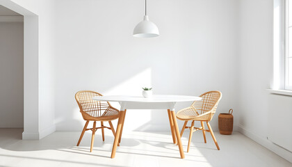 Fototapeta premium Modern dining space with rattan chairs minimalist design bright atmosphere contemporary home