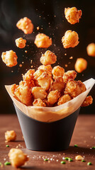 Crispy popcorn chicken in mid-air with a flavorful splash