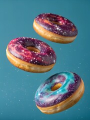 Obraz premium Galaxy-themed donuts with colorful cosmic glaze floating against teal background. Artistic food concept with starry decoration and surreal dessert design.