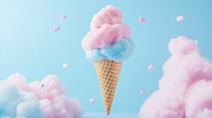 Whimsical cotton candy ice cream cone against a pastel backdrop