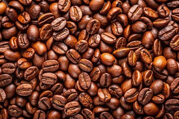 Fototapeta premium Rich Roasted Coffee Beans: A close-up macro shot showcases a multitude of freshly roasted coffee beans, their rich brown hue and textured surface hinting at the robust aroma and flavor within.