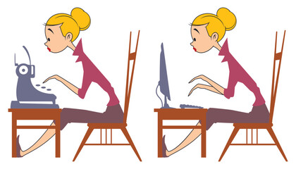 Girl is working at computer.