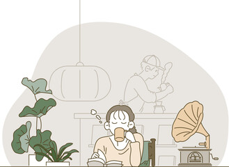 Woman sitting at a cafe bar, reading and enjoying coffee