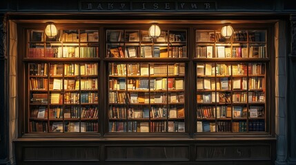 Illuminated Bookshelves: A Nighttime View of a Bookstore Display