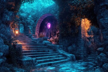 Mysterious stairway in an enchanted forest illuminated by glowing orbs and lanterns
