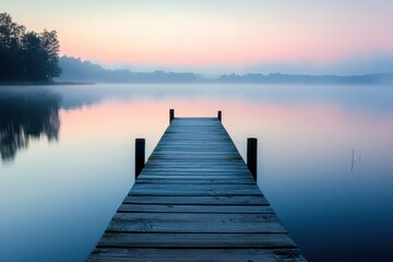Obraz premium Tranquil wooden pier extending into calm lake at dawn surrounded by mist and trees