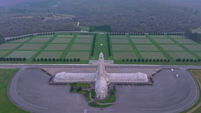 Aerial view of French battlefield cemetery at Ossuaire de Douaumont. Aerial drone video