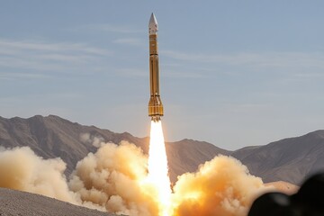 Rocket launch at a desert facility showcases advanced aerospace technology and exploration efforts during daylight hours