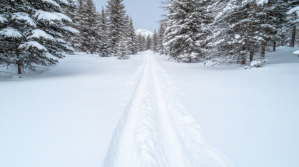 Obraz premium Snowy trail leads through serene forest of pine trees, creating peaceful winter scene