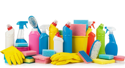 A vibrant collection of cleaning supplies, ready for a sparkling clean home, showcasing bright colors and cheerful household essentials.