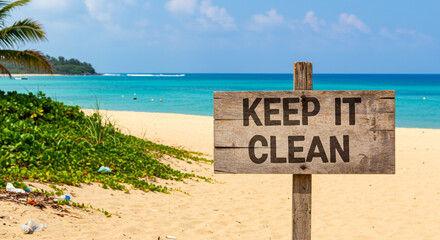 A weathered wooden sign urging beachgoers to keep the pristine tropical beach clean, showcasing a vibrant turquoise ocean and lush green vegetation under a bright sunny sky.