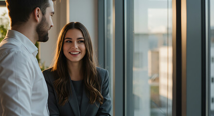 Obraz premium Golden Hour Connection: Business Colleagues' Shared Moment AI Generated