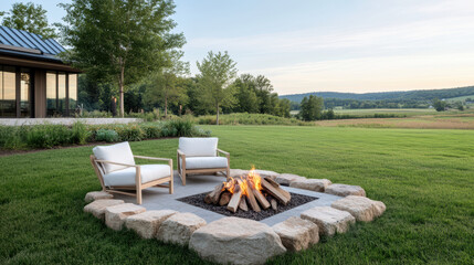 serene outdoor firepit scene with comfortable chairs and beautiful landscape