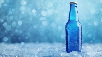 Chilled blue glass bottle sitting on ice with a soft bokeh background.