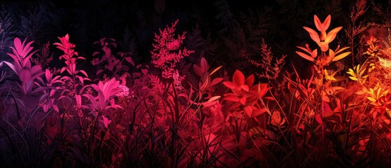 Vibrant foliage with pink and red hues illuminated against a dark background, creating a surreal atmosphere