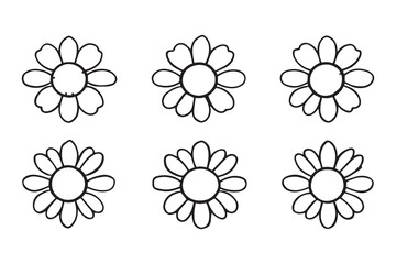 Set of 6 pec in two row  Sunflower black line art on white background