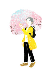 旅・観光をするシニア女性（桜・春）　手描き水彩イラスト素材