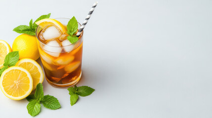 Fototapeta premium Refreshing iced tea with lemons and mint leaves