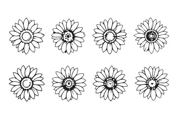Set of 6 pec in two row  Sunflower black line art on white background