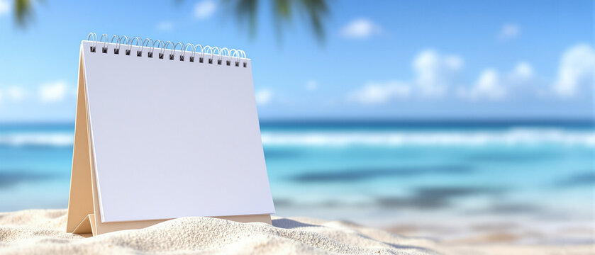 Blank mockup office calendar stands on a tropical beach against the background of the ocean and blue sky