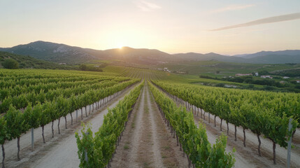 Fototapeta premium Vineyard rows stretch under golden sunlight, creating serene landscape at sunset