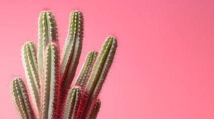Tall cactus plants against a pink background