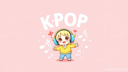 Obraz premium Cheerful Cartoon Character with Headphones and KPOP Sign