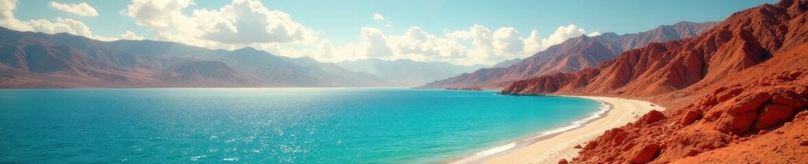 Obraz premium Arid mountains, turquoise Red Sea, intense sunlight, view, travel