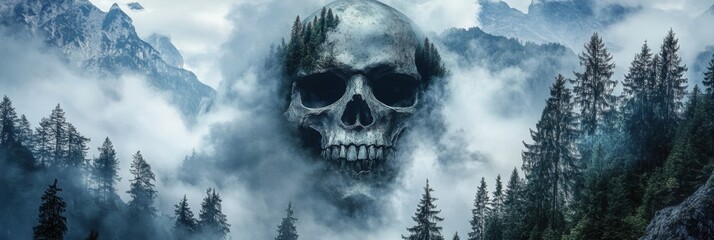 Creative skull filled with alpine terrain and foggy pines, representing life amidst wilderness