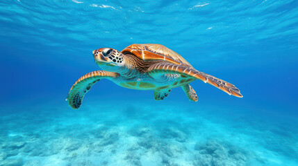 graceful sea turtle glides through crystal clear water, showcasing its vibrant shell and serene