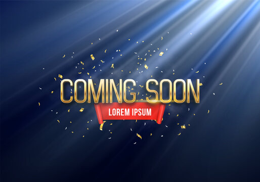 Coming Soon. Banner with confetti and red ribbon illuminated by spotlights. Ceremony presentation. Vector illustration.