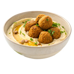 Bowl of falafel balls with hummus isolated on white background
