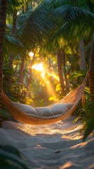 Golden light pours through dense palms onto a hammock nestled in soft sand beneath the trees