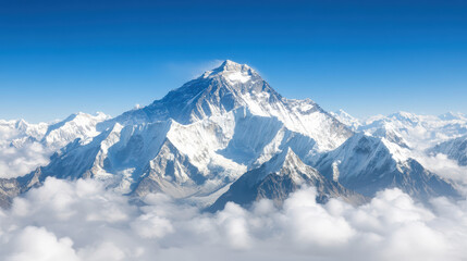 Fototapeta premium Majestic snow covered mountain peaks rise above clouds under clear blue sky