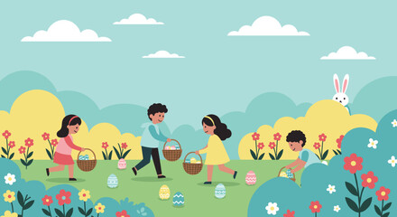 Obraz premium Children with baskets searching for colorful eggs hidden in a garden. Easter egg hunt