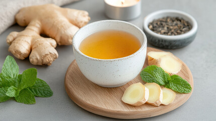 Warm herbal tea with ginger and mint, perfect for relaxation and wellness