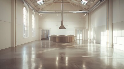 Naklejka premium Spacious modern interior of a well-lit room with polished concrete floors and large windows