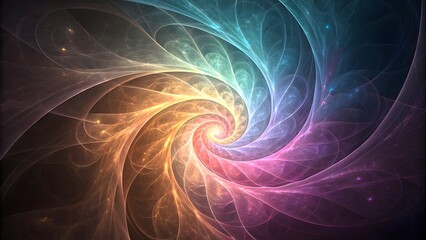 Swirling vortex of aura and spiritual energy in vibrant translucent colors forming an abstract symbol of spiritual awakening in a glowing cosmic atmosphere