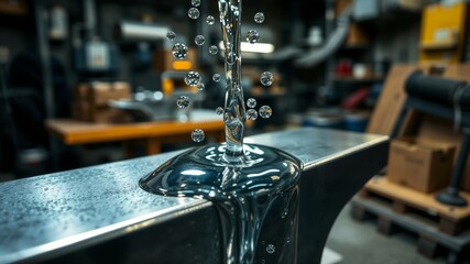Molten Metal Pouring. Close-up of molten metal being poured, showing droplets and a pool of liquid in a workshop setting.