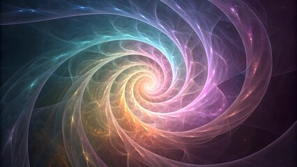Swirling vortex of aura and spiritual energy in vibrant translucent colors forming an abstract symbol of spiritual awakening in a glowing cosmic atmosphere