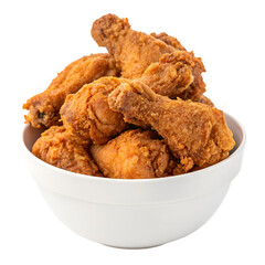 A Pile of Fried chicken legs on white bowl isolated on white background