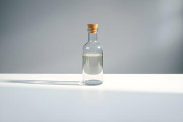 Clean Minimalist Clear Glass Bottle with Cork Stopper on White Studio Surface – Photorealistic Blank Mockup for Product Design, Branding & Packaging